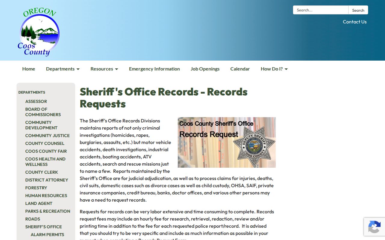 Coos County booking record request options