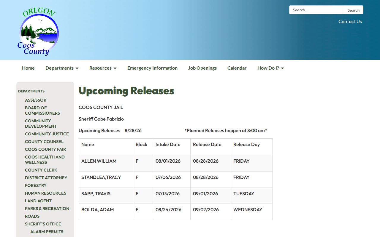 Coos County planned release record list