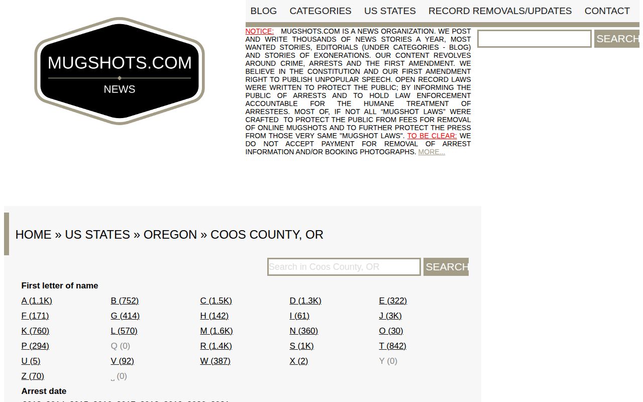 Coos County mugshot archive interface with unofficial record coverage
