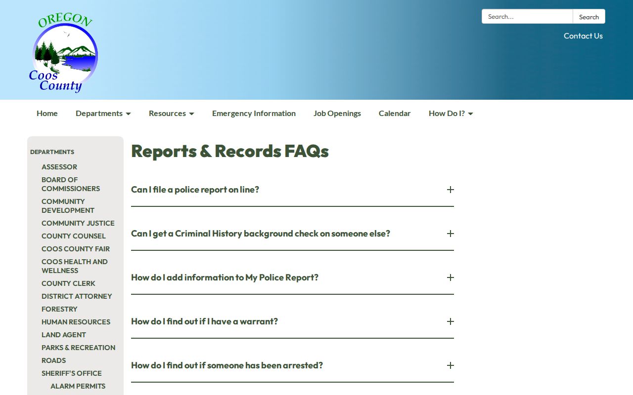 Coos County warrant-record FAQ and current-custody information