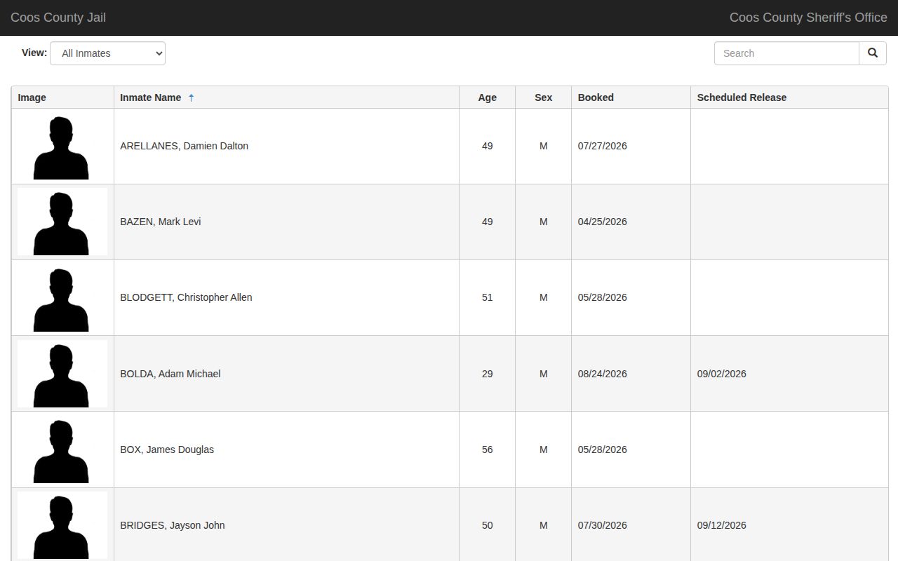 Coos County current custody roster interface