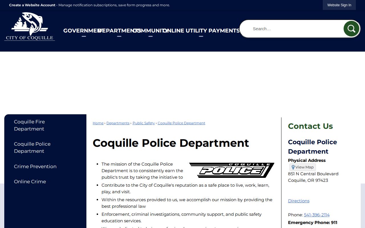 Coquille Police Department record request contact page for Coquille arrest records